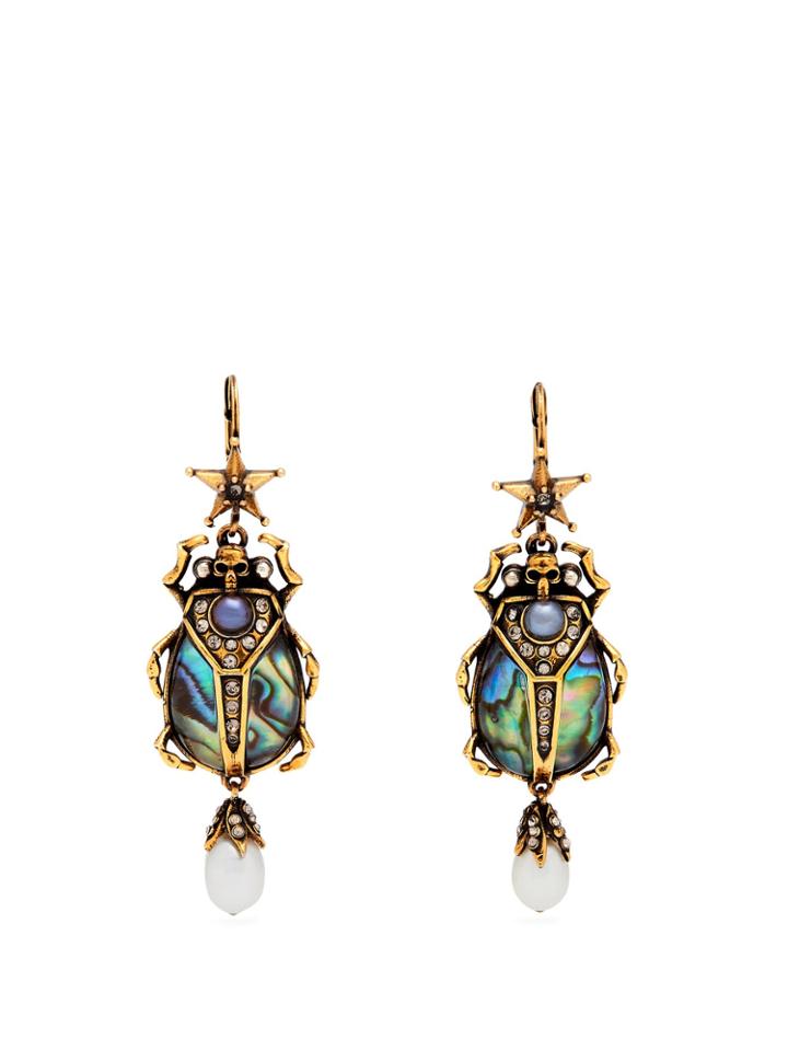 Alexander Mcqueen Abalon Scarab Shell And Faux-pearl Drop Earrings