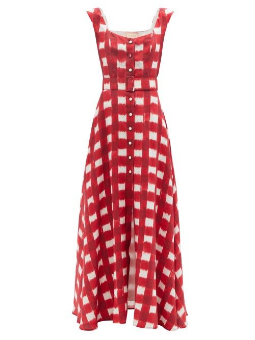 Ladies Rtw Marta Ferri - Belted Check Linen Maxi Dress - Womens - Red White