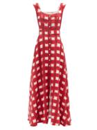 Ladies Rtw Marta Ferri - Belted Check Linen Maxi Dress - Womens - Red White