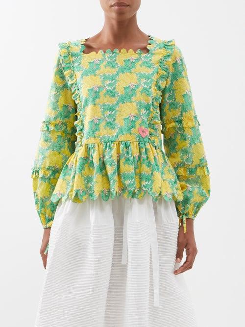 Horror Vacui - Manon Floral-print Cotton-poplin Blouse - Womens - Green Yellow