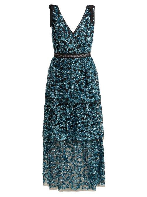 Matchesfashion.com Self-portrait - Sequinned Tiered Tulle Midi Dress - Womens - Blue
