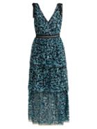 Matchesfashion.com Self-portrait - Sequinned Tiered Tulle Midi Dress - Womens - Blue