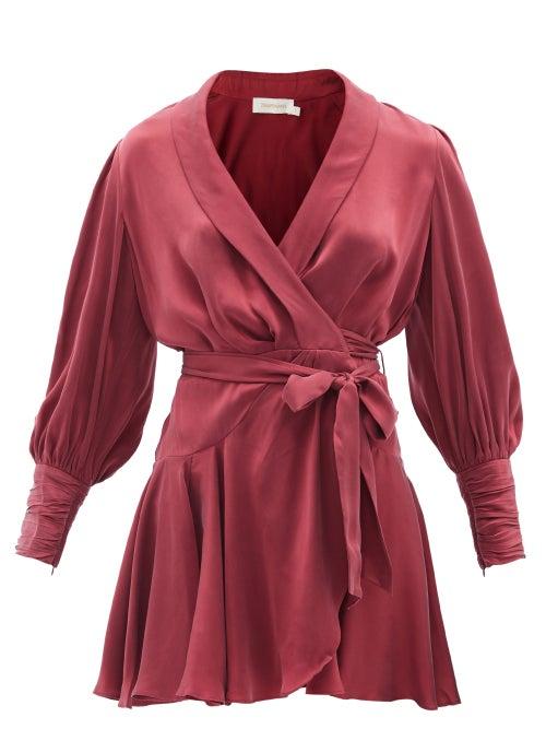 Zimmermann - Postcard Silk-satin Mini Wrap Dress - Womens - Burgundy