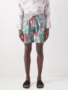 Nipoaloha - Shellfish-print Crane-jacquard Silk-twill Shorts - Mens - Blue Multi