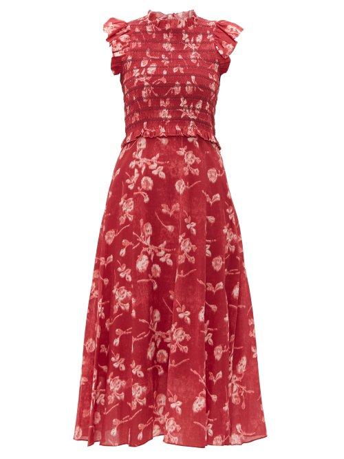 Matchesfashion.com Sea - Monet Shirred Floral Print Cotton Midi Dress - Womens - Dark Pink