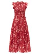 Matchesfashion.com Sea - Monet Shirred Floral Print Cotton Midi Dress - Womens - Dark Pink