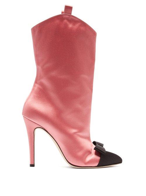 Matchesfashion.com Alessandra Rich - Bow Front Point Toe Satin Ankle Boots - Womens - Pink Multi