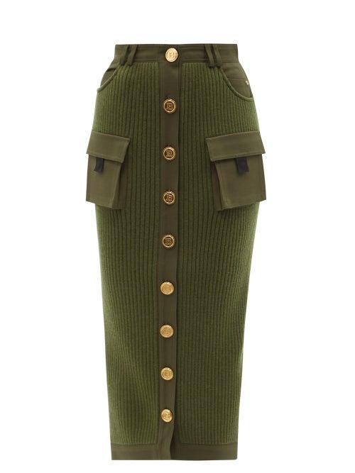 Balmain - Cargo-pocket Ribbed Wool-jersey Pencil Skirt - Womens - Khaki