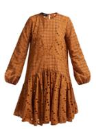 Matchesfashion.com Rochas - Broderie Anglaise Cotton Dress - Womens - Brown