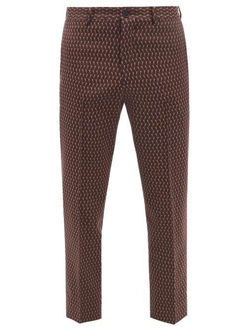 Sasquatchfabrix - Geometric-jacquard Cropped Tailored Trousers - Mens - Brown Print