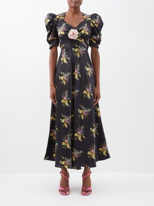 Rodarte - Flower-brooch Puff-sleeve Silk Maxi Dress - Womens - Black