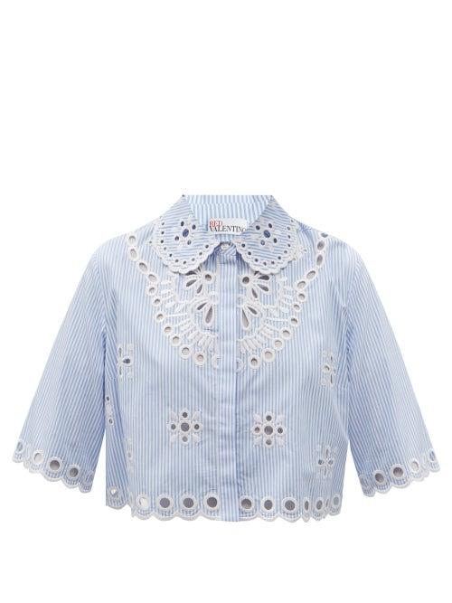 Matchesfashion.com Redvalentino - Sangallo-embroidered Striped Cotton-poplin Top - Womens - Light Blue