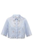 Matchesfashion.com Redvalentino - Sangallo-embroidered Striped Cotton-poplin Top - Womens - Light Blue