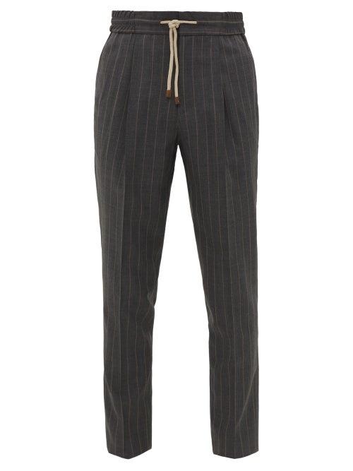 Matchesfashion.com Brunello Cucinelli - Drawstring-waist Pinstriped Wool-crepe Trousers - Mens - Charcoal