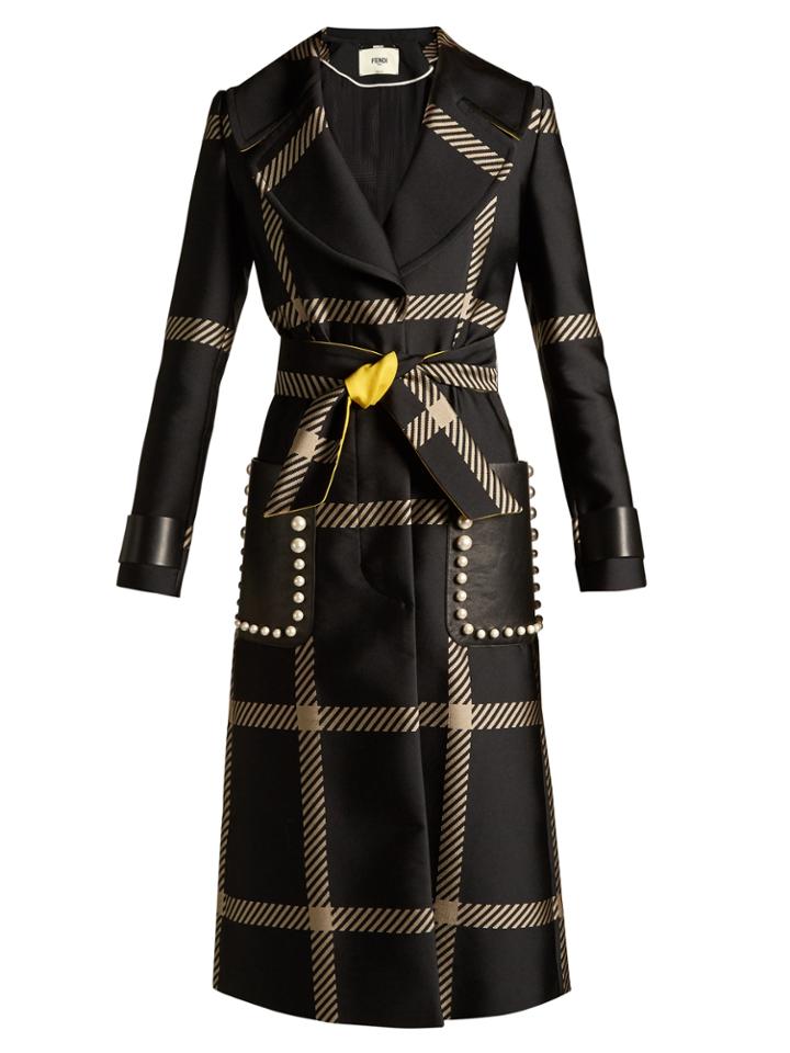 Fendi Notch-lapel Tie-waist Checked Coat