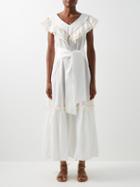 Loretta Caponi - Lia Sashed-waist Cotton Midi Dress - Womens - White Multi
