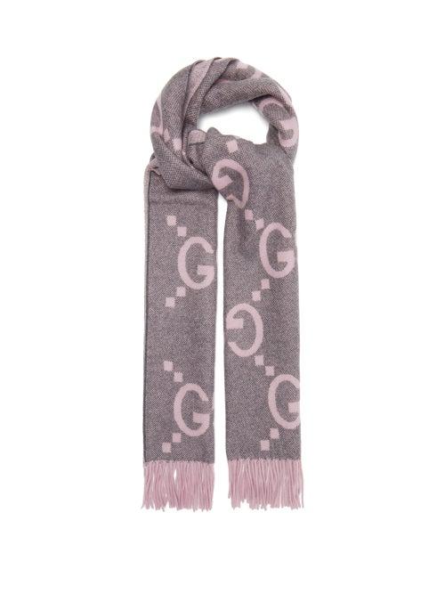 Gucci - Gg Logo-jacquard Cashmere Scarf - Womens - Grey Multi