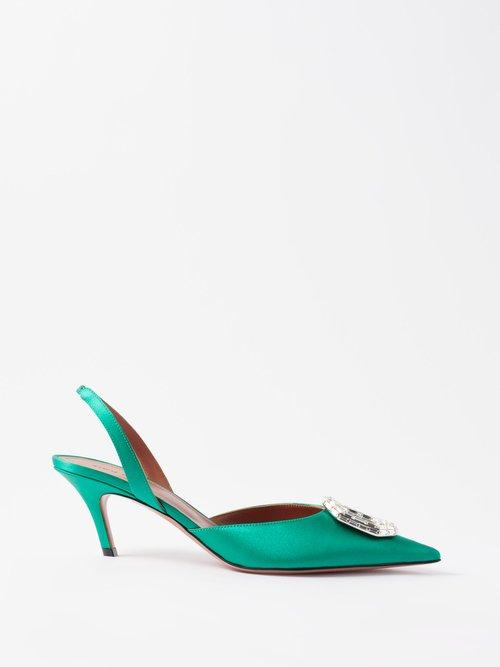 Amina Muaddi - Camelia 60 Crystal-embellished Satin Pumps - Womens - Emerald