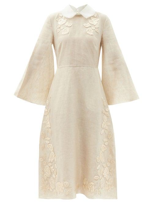 Matchesfashion.com Fendi - Floral-appliqu Linen Midi Dress - Womens - Beige