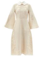 Matchesfashion.com Fendi - Floral-appliqu Linen Midi Dress - Womens - Beige