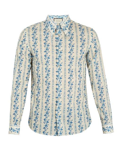 Matchesfashion.com Gucci - Floral And Logo Print Cotton Poplin Shirt - Mens - Blue