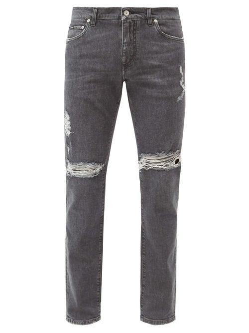 Matchesfashion.com Dolce & Gabbana - Distressed Cotton-blend Slim-leg Jeans - Mens - Grey