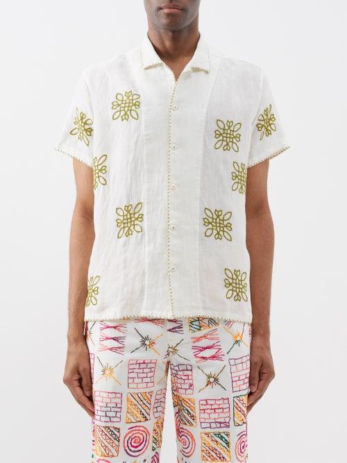 Harago - Rabari-embroidered Linen Shirt - Mens - White Multi