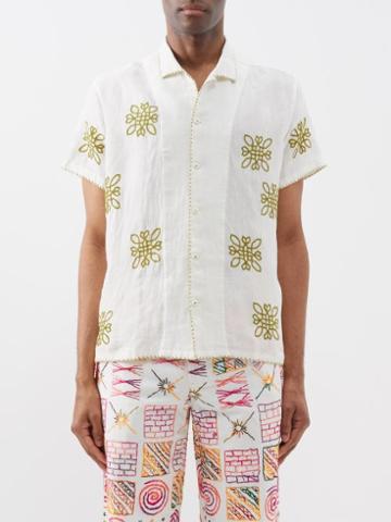 Harago - Rabari-embroidered Linen Shirt - Mens - White Multi