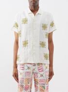 Harago - Rabari-embroidered Linen Shirt - Mens - White Multi
