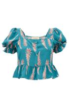 Matchesfashion.com Adriana Degreas - Aloe Print Square Neck Silk Crepe Top - Womens - Blue Print