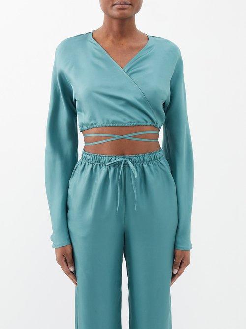 Asceno - St Tropez Silk-twill Wrap Top - Womens - Blue