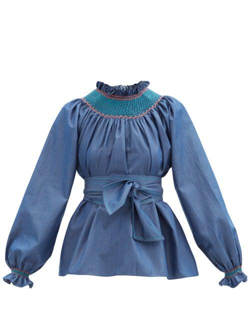 Matchesfashion.com Loretta Caponi - Maria Smocked Cotton-poplin Blouse - Womens - Dark Blue