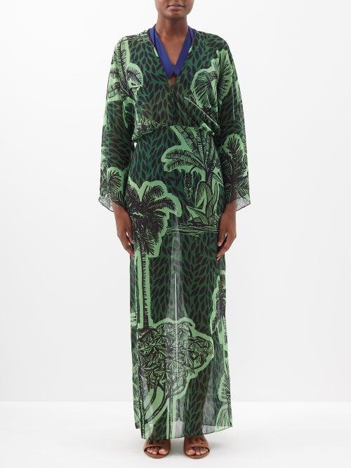 Johanna Ortiz - Del Rio V-neck Chiffon Maxi Dress - Womens - Green Print