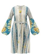Matchesfashion.com D'ascoli - Tatiana Floral-print Cotton-khadi Midi Dress - Womens - Blue Multi