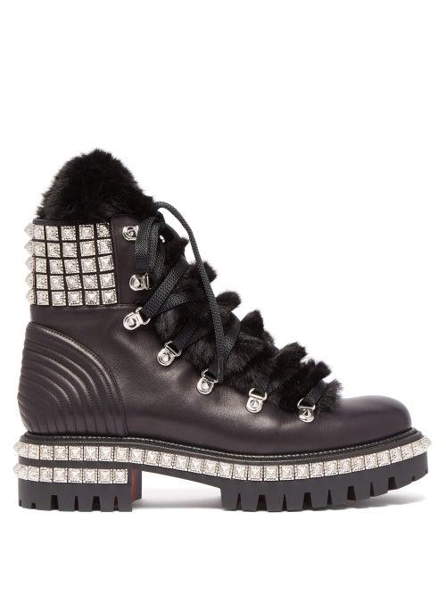 Matchesfashion.com Christian Louboutin - Yeti Donna Faux Fur Trim Studded Leather Boots - Womens - Black Silver