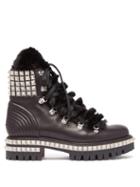 Matchesfashion.com Christian Louboutin - Yeti Donna Faux Fur Trim Studded Leather Boots - Womens - Black Silver