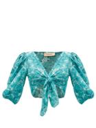 Matchesfashion.com Adriana Degreas - Tie-front Floral-print Crepe De Chine Top - Womens - Blue Print