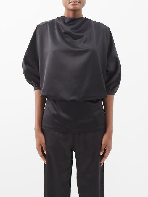 Toteme - Draped Balloon-sleeve Satin Top - Womens - Black