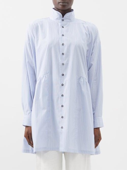 Eskandar - Stand-collar Pinstriped Organic-cotton Shirt - Womens - Blue