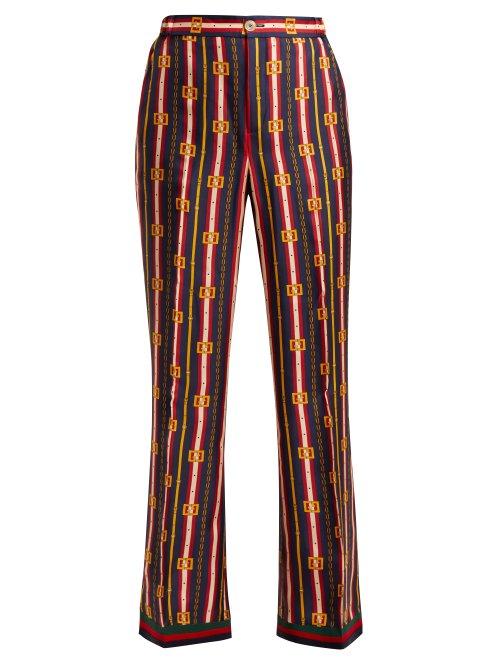 Matchesfashion.com Gucci - Web Striped Printed Silk Trousers - Womens - Blue Multi