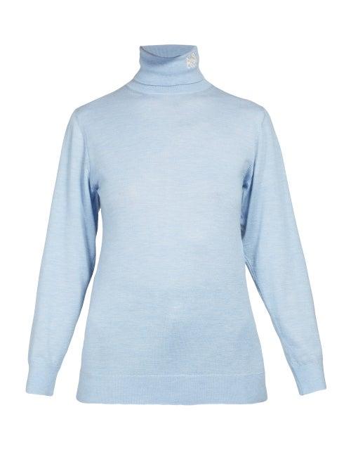Matchesfashion.com Loewe - Logo Embroidered Roll Neck Sweater - Womens - Light Blue