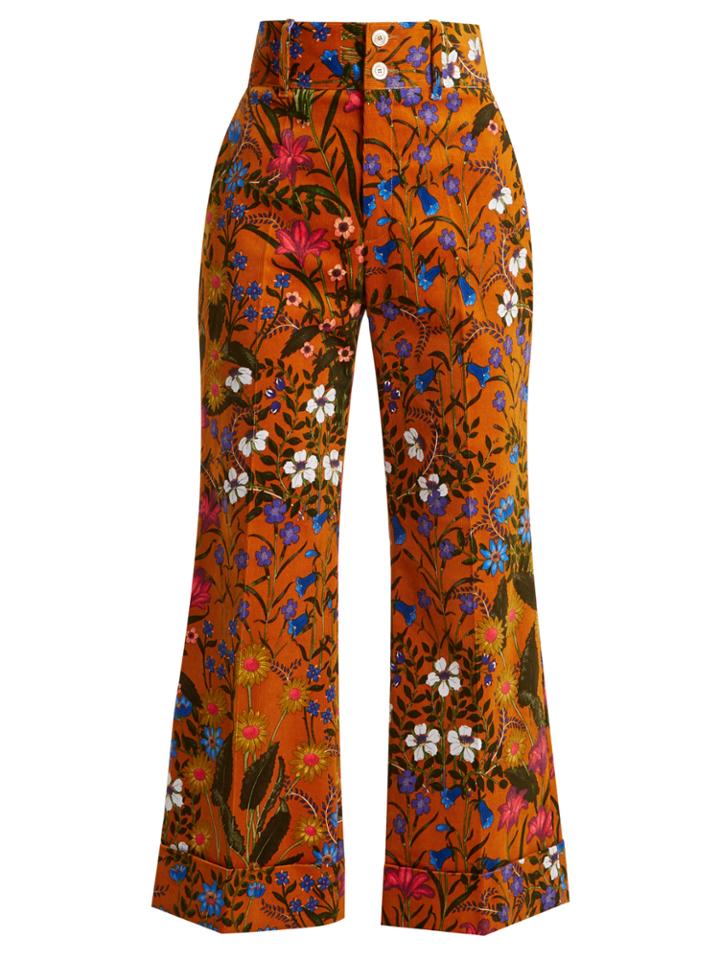 Gucci Floral-print Wide-leg Corduroy Cropped Trousers