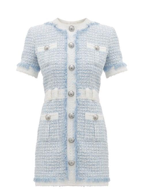 Matchesfashion.com Balmain - Buttoned Sequin Embroidered Tweed Mini Dress - Womens - Blue White