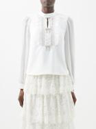 Self-portrait - Crystal-embellished Ruffled Crepe Blouse - Womens - Ivory
