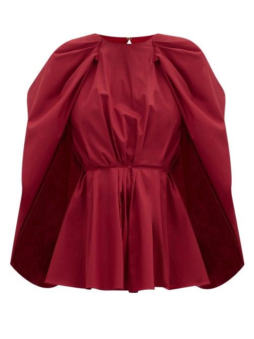 Matchesfashion.com Roksanda - Atticus Cape-sleeve Peplum Cotton-poplin Blouse - Womens - Red