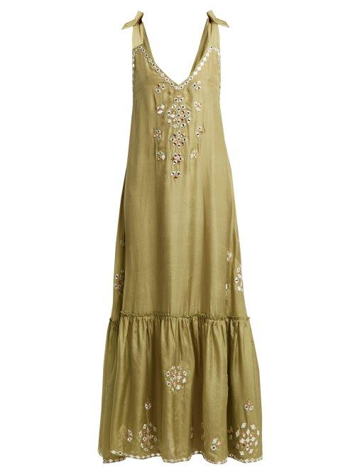 Matchesfashion.com Juliet Dunn - Sequin Embellished Embroidered Silk Maxi Dress - Womens - Green
