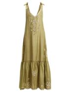Matchesfashion.com Juliet Dunn - Sequin Embellished Embroidered Silk Maxi Dress - Womens - Green