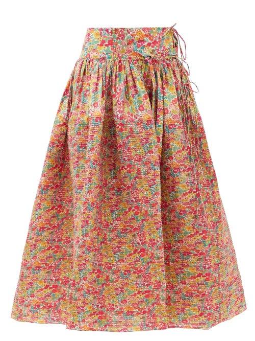 Matchesfashion.com Horror Vacui - Toga Pintucked Floral-print Cotton Skirt - Womens - Red Multi