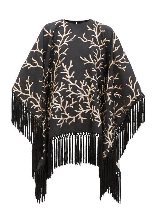 Ladies Rtw Taller Marmo - Coralito Fringed Jacquard Poncho Dress - Womens - Black Gold