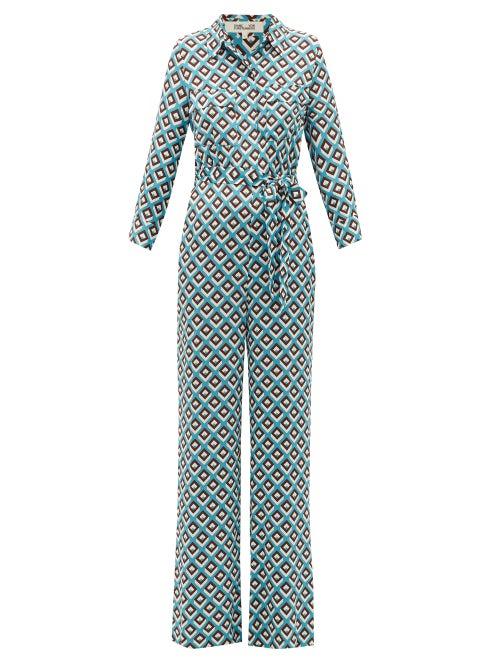 Matchesfashion.com Diane Von Furstenberg - Sandy Diamond-print Crepe De Chine Jumpsuit - Womens - Blue Multi